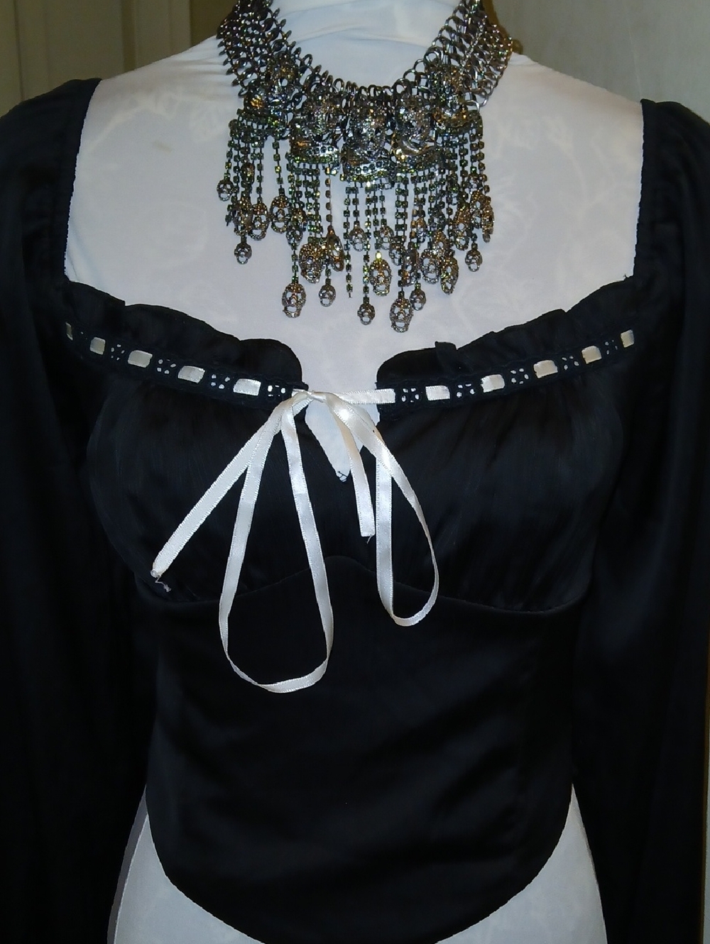 Black Satin Peasant Blouse with White Ribbon Tie